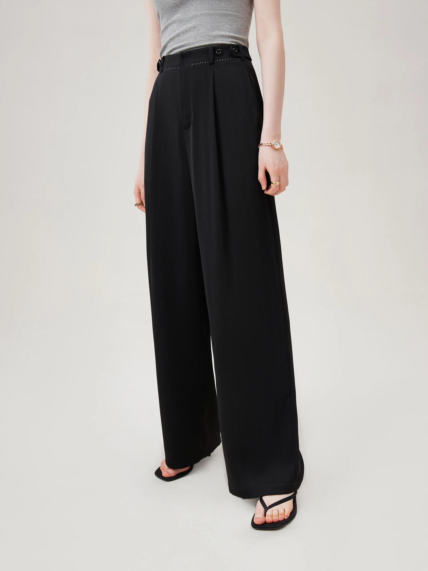 FSLE Women Black Long Trousers Waist Button Decoration Office Lady Summer Straight Suit Pants Pleated Pant 24FS18059 240723