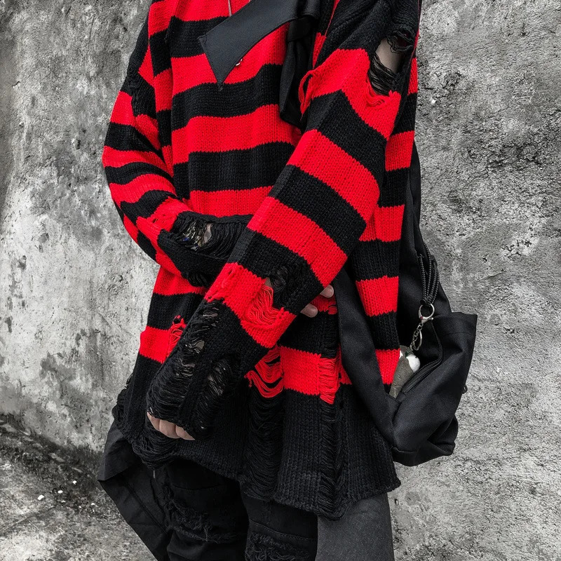 Autumn Winter Ripped Hole Hip Hop Punk Sweater Men Women Street Casual Black White Stripe Vintage Pullovers Sueter 240821