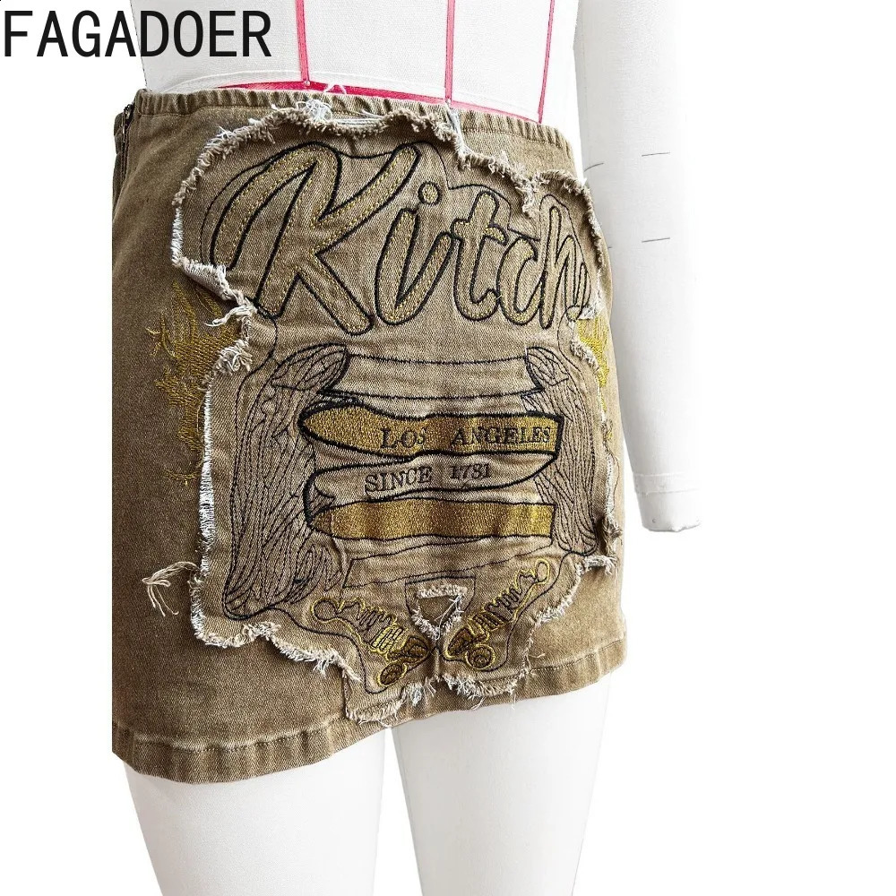 FAGADOER Retro Fashion Y2K Brown Embroidery Denim Skirts Women High Waisted Elasticity Mini Skirt Summer Matching Bottoms 240725