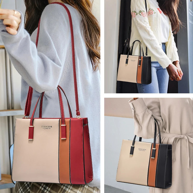 Female splicing work handbag with adjustable shoulder straps top large capacity bag fashionable cross gift 240817