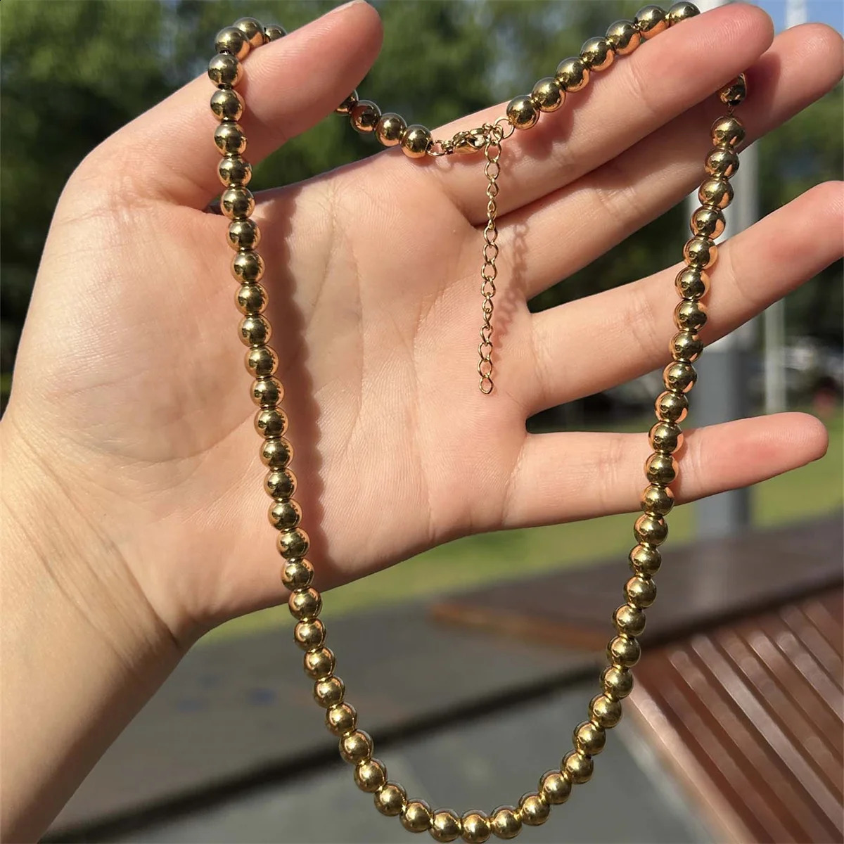 MisenBaBa Gold Color Stainless Steel Handmade Threaded Bead Necklaces For Women Men DIY Beads Choker Necklace Trendy Jewelry 240715