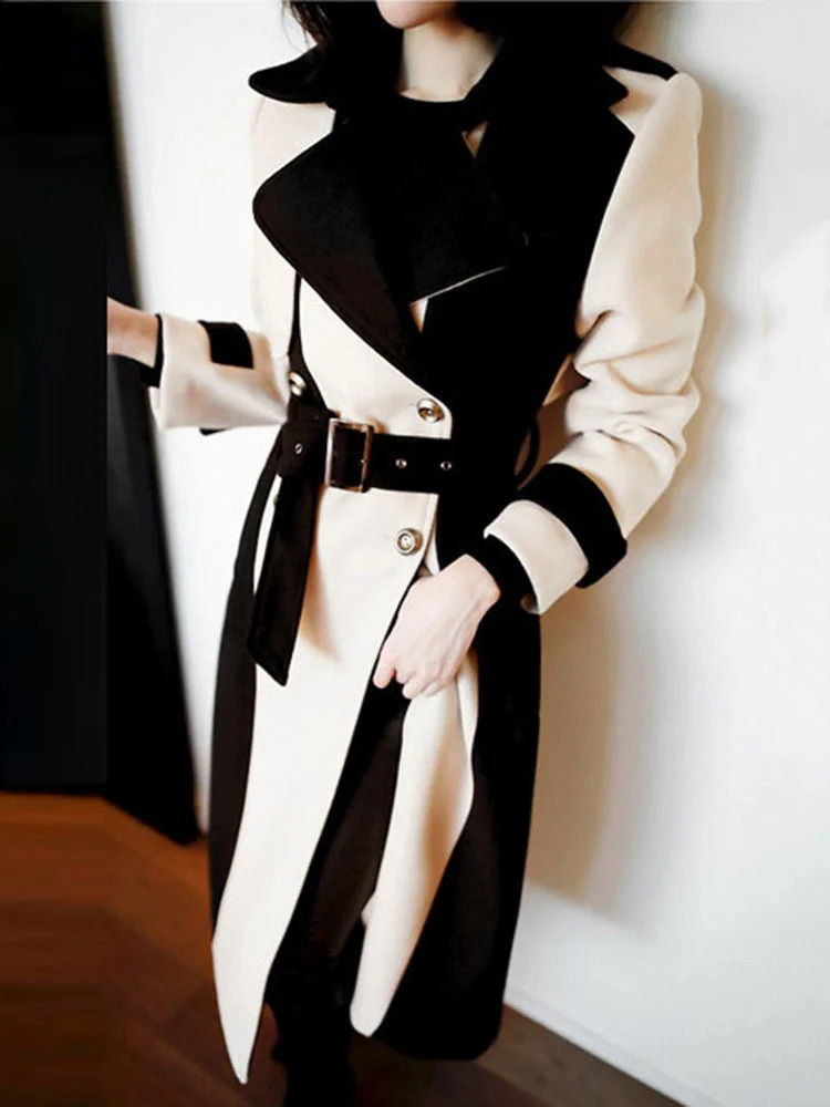 DEAT Woman Trench Coat Color Block With Belt Notched Full Sleeve Elegant High Street Style Autumn Fashion 15TT172 240716