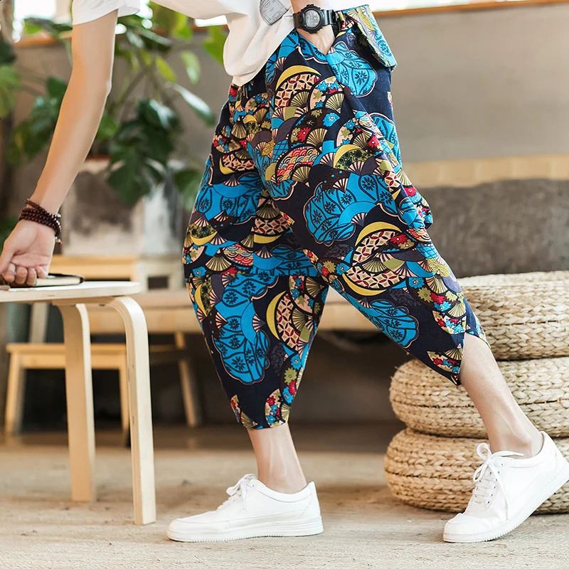 Harajuku summer loose calf length casual mens wide leg cotton linen printed pocket pants oversized mens pants 240828