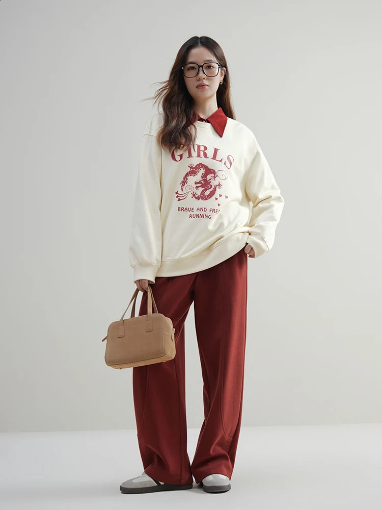 DUSHU round neck casual beige white sports shirt with letter printing for winter womens straight sleeved top wool lining and zipper 240827