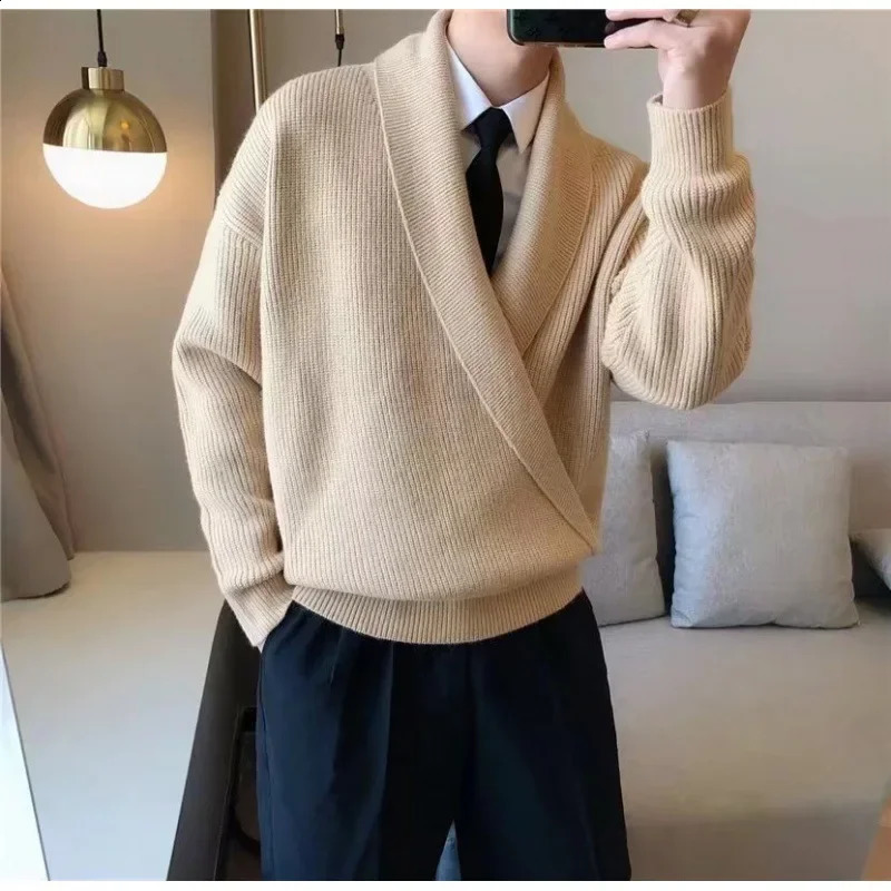 Spring Autumn Style Solid Color V-neck Sweater For Men Trendy Leisure Idle Style Casual Knitted Top Jacket 240725