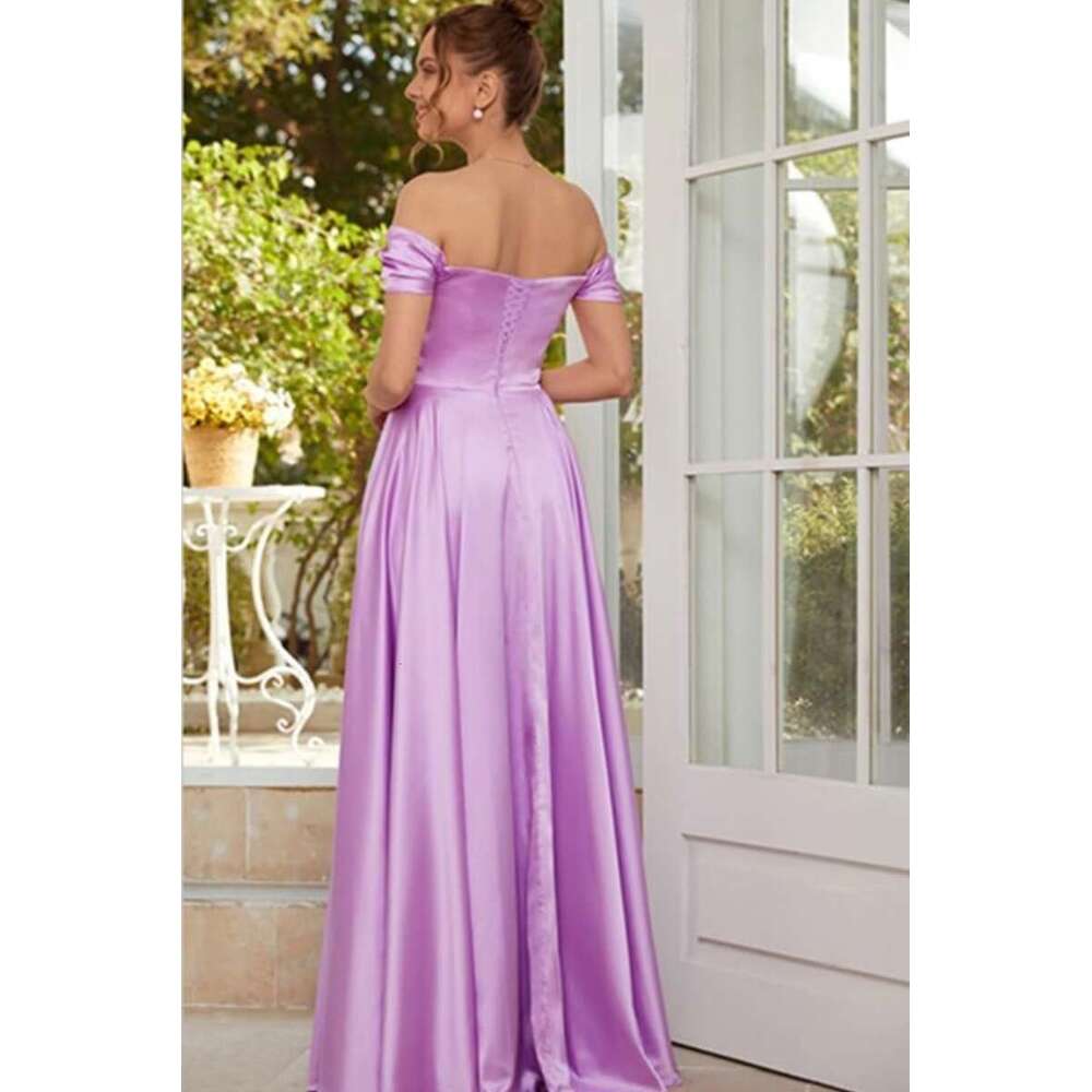 Satin Off the Shoulder Bridesmaid Dresses Sweetheart A-e Pleat High Split tail Dress Elegant Backless Simple Evening Gown