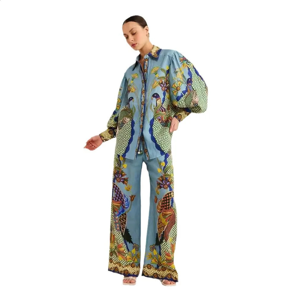 Women Loose Print Pants Suits Bubble Long Sleeve Turn Down Collar Shirts Wide Leg Pant 2 Piece Sets Elegant Ladies Streetwear 240724