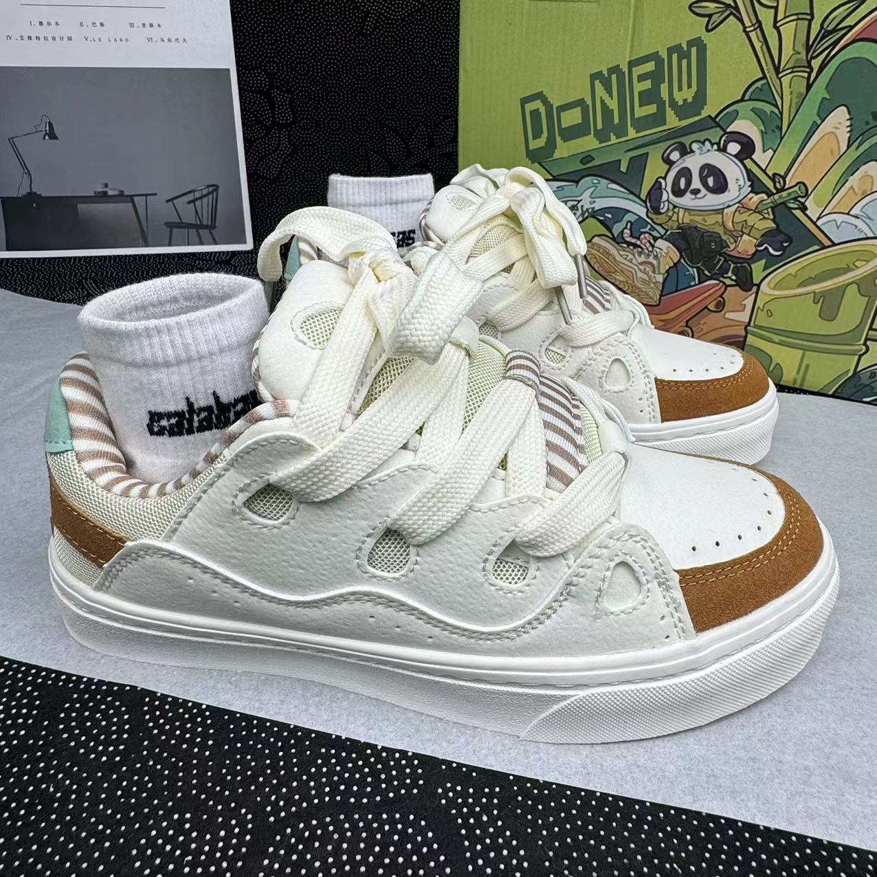 Men's and women's beige brown contrasting splicing breathable casual shoes