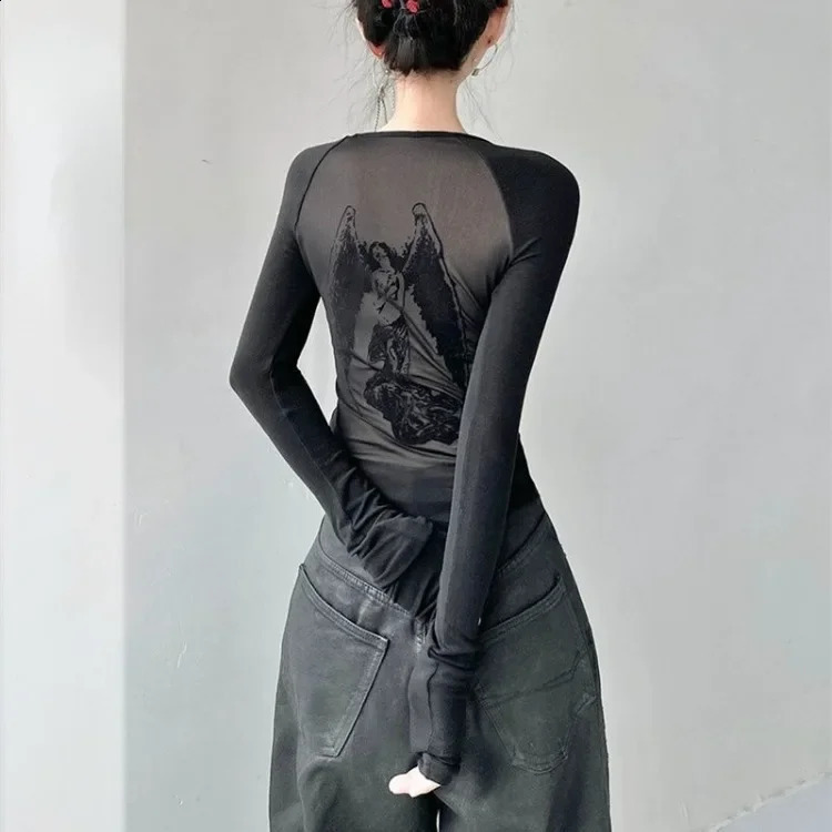 Black Retro Angel Print T-shirt for Women Autumn Fashion Slim Fit Tee Shirt Y2k E-Girl Long Sleeve Bottoming Tops Mujer 240716