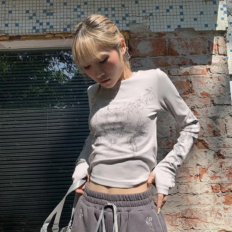 Vintage Women Clothes Y2K T-shirts Blusas O-neck Long Sleeve Print Tunic Grunge Woman Clothing Fashion Casual Crop Tops EMO 240806