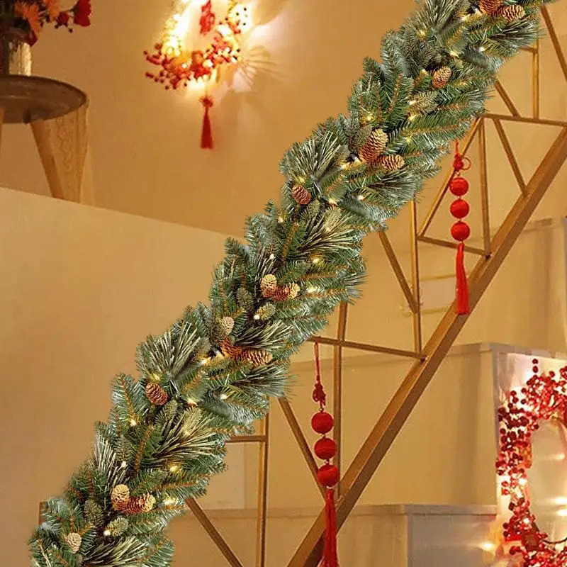 Christmas Garland 1.8M Artificial Fir Garland With LED Lights Christmas Creative Garland With Red Fruits And Pine Cones Decor 240718