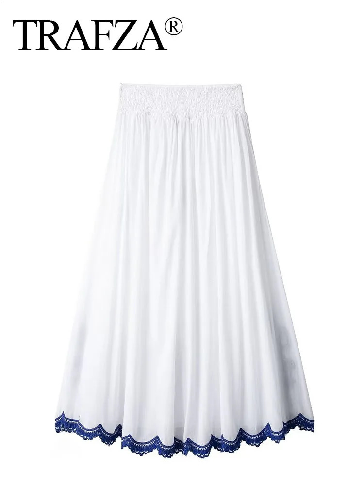 TRAFZA Elegant Women White Blue Embroidery High Waist Midi Skirt Loose Fit Woman Elastic Waist A Line Long Skirts For Holiday 240724