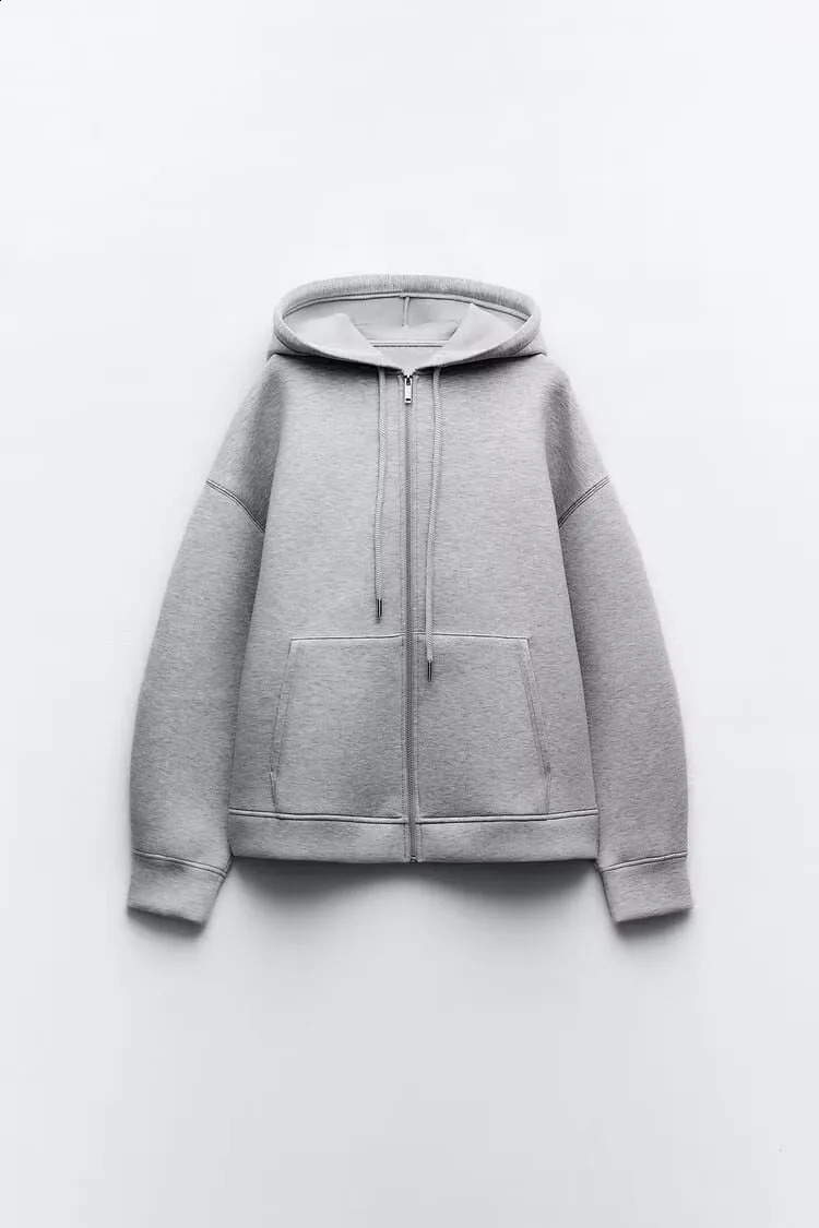 UETEEY TRAF Hoodie Black Zipper Y2K Graphic Zip up Overfit High Neck Sweatshirt Womens All Grey Harajuku Coat 240819