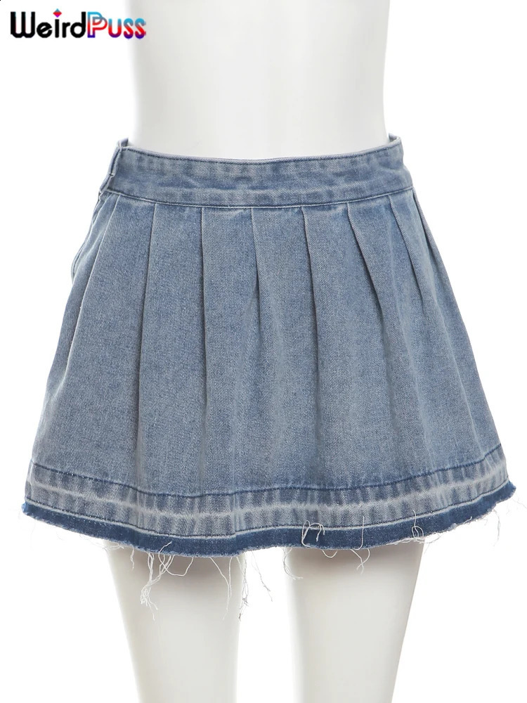 Weird Puss Pleated Mini Skirts Women Summer Trend Denim Vintage Y2K Fashion Wild Streetwear Casual Hipster A-Line Skirt Bottoms 240812