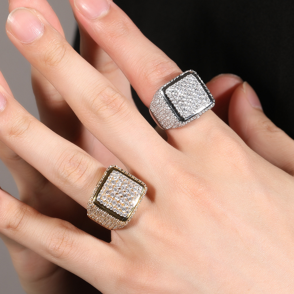 Hip Hop Retro Big Cube Ring 5A Cubic Zircon 18K Gold Plated Finger Ring Jewelry