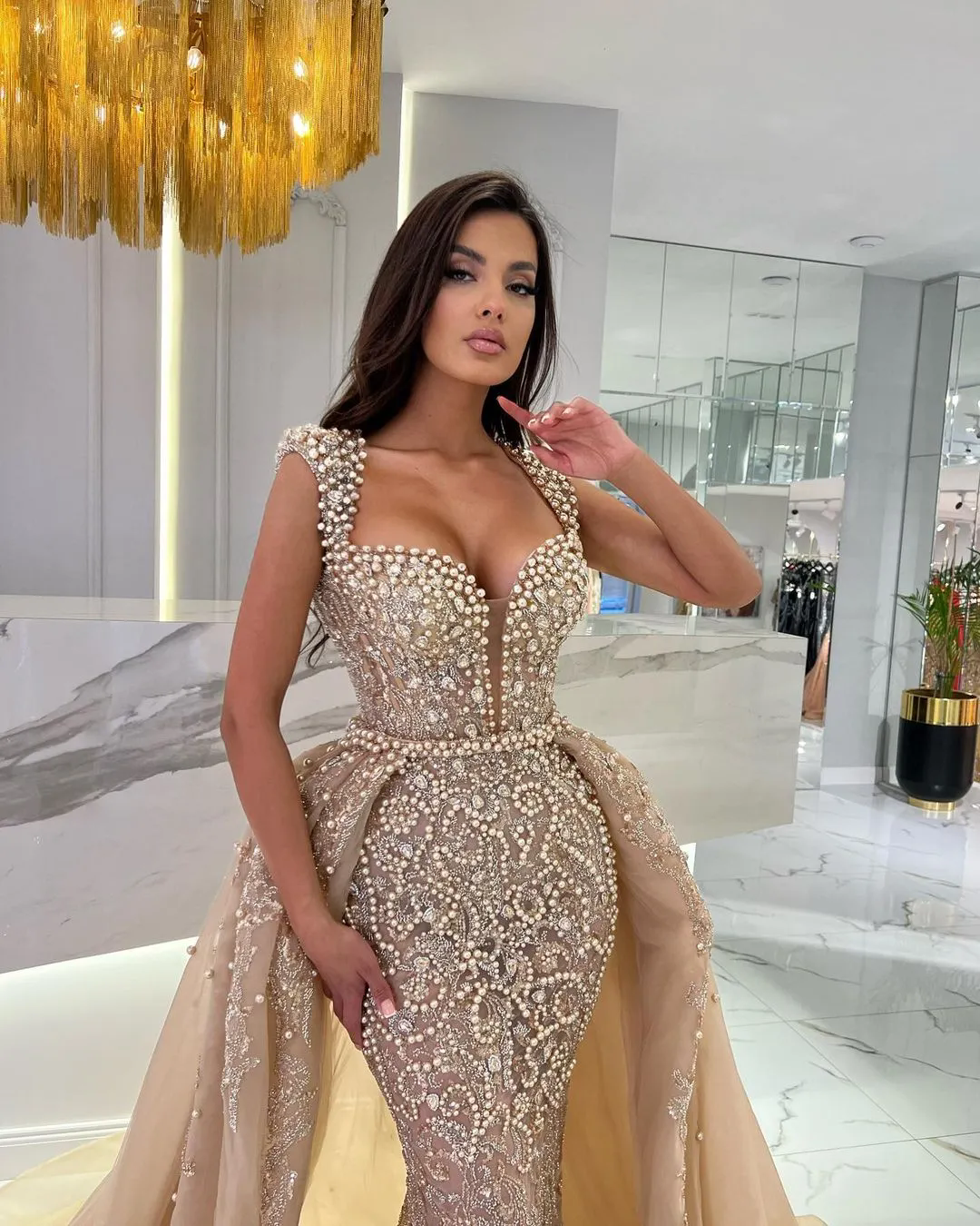 Champagne Lace Mermaid Prom Dresses 2025 With Heavy Pearls Plus Size Formal Evening Occasion Gowns With Overskirt Train