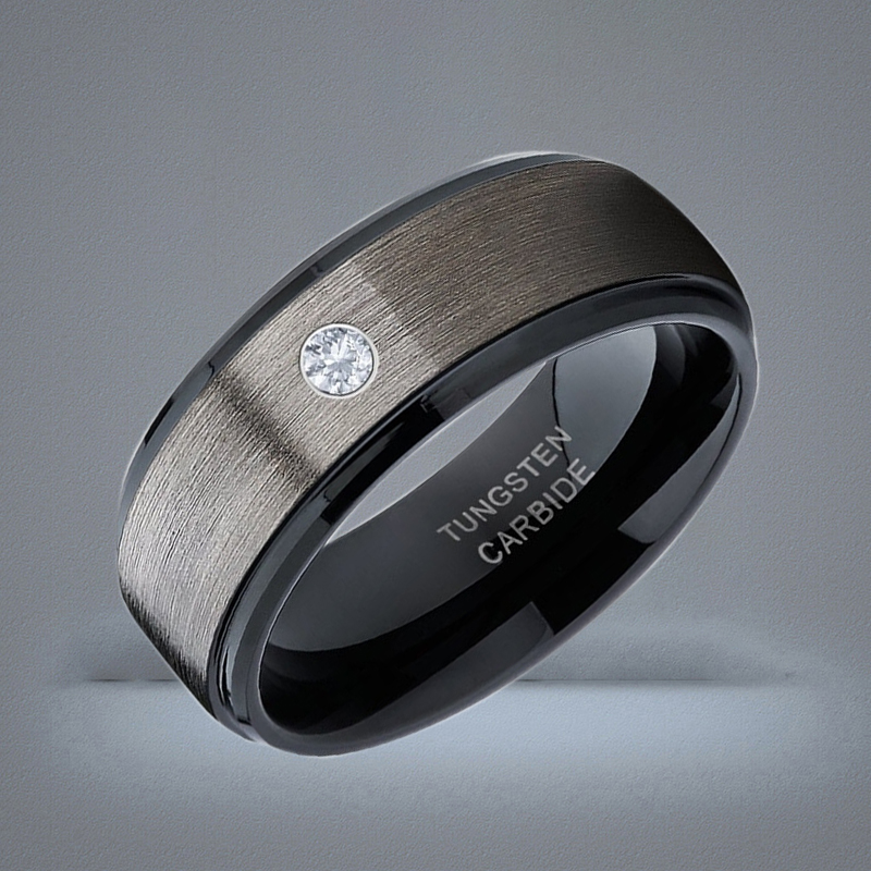 Men039s 8mm Silver Brushed Black edge Tungsten Carbide Ring Diamond wedding band Jewelry for Men US Size 613