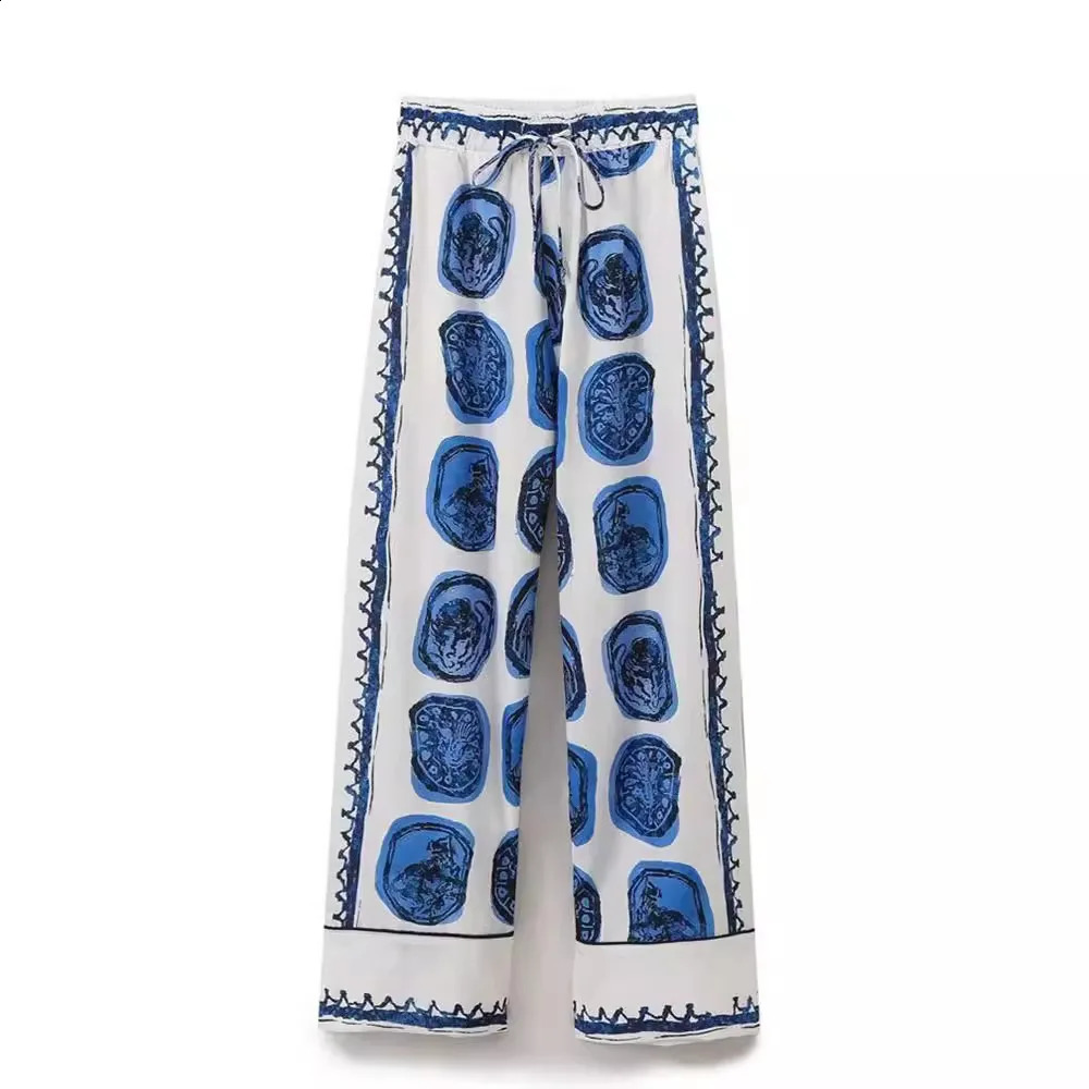 Vintage Blue Print Shirt Pants Suits For Women Casual Lapel Buttons Tops Wide Leg Pants Sets 2024 Pajama Style Streetwear 240724