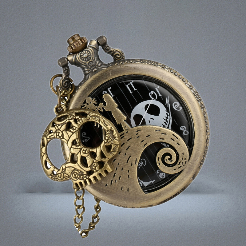 Vine Antique Watch Hollow Case the Nightmare Before Christmas Unisex Quartz Analog Pocket Watches Skull Accessory Necklace Chai