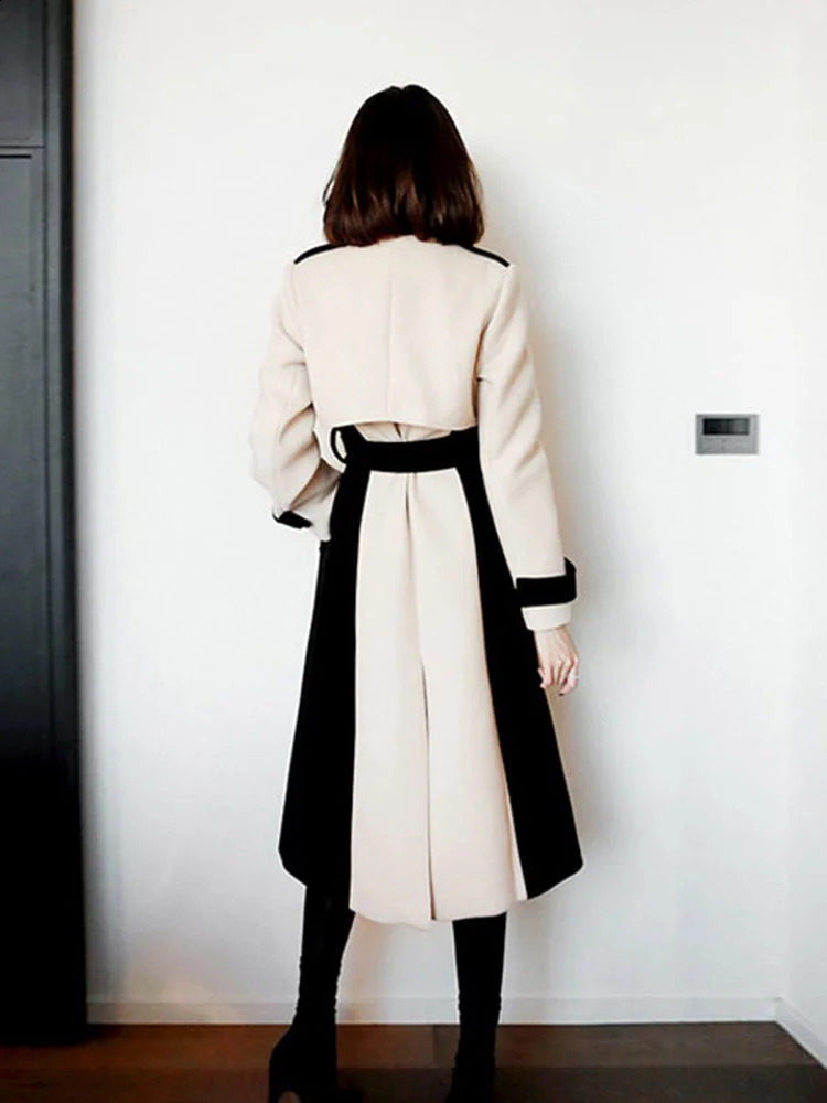 DEAT Woman Trench Coat Color Block With Belt Notched Full Sleeve Elegant High Street Style Autumn Fashion 15TT172 240716
