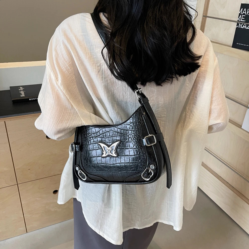 Crescent Bag for Women Butterfly Hobo PU Leather Solid Y2K Shoulder Adjustable Strap Handbag Travel Party Work 240724