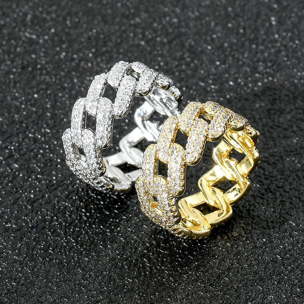 Hip Hop 10mm Cuban Chain Rings 18K Real Gold Plated 5A Zircon Jewelry for Men
