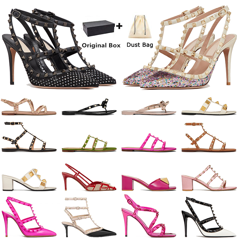 2024 designer women luxury sandals dress shoes famous stud high heels leather rivet black pointed peep-toes lady sexy party wedding platform with box