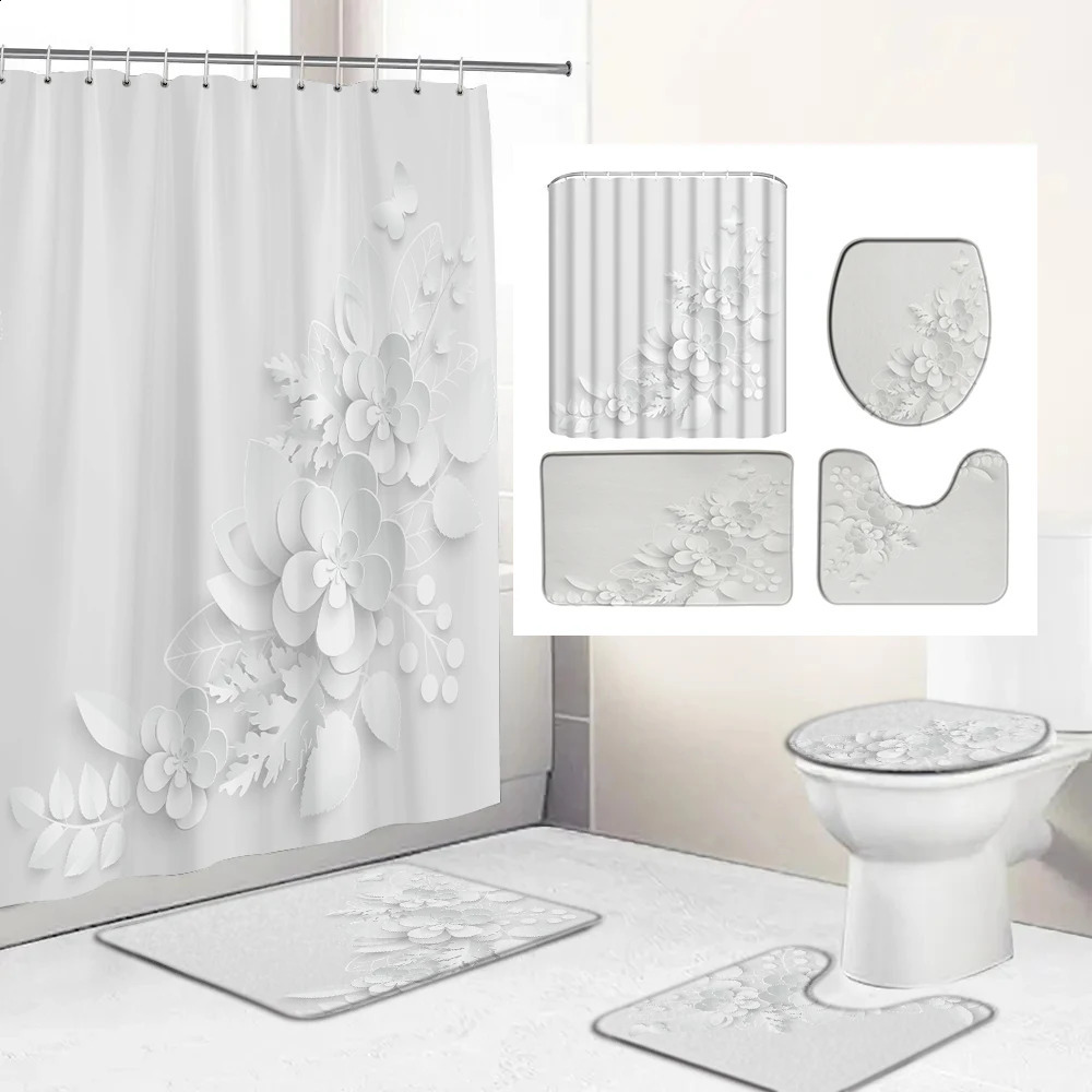 Elegant Bouquet of Fantastic White Flowers 3D Style Shower Curtain Bathroom Curtain with Bath Rug Carpet Set Floral Home Decor 240723