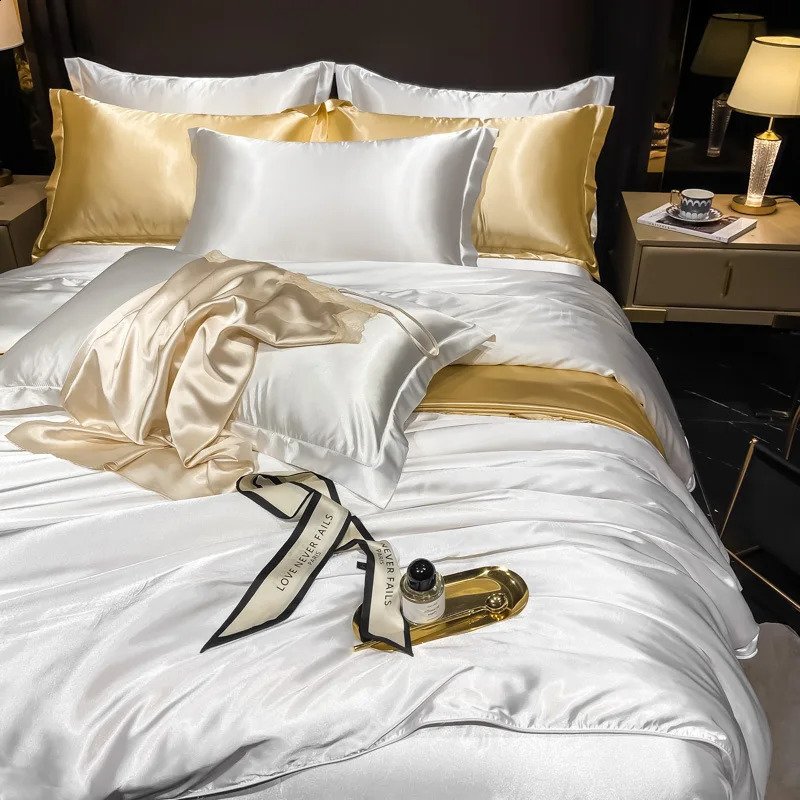 Real 100% Mulberry Silk Bedding Set with Duvet Cover FittedFlat Bed Sheet Pillowcase Solid Color 4pcs King Queen Twin Sets 240724