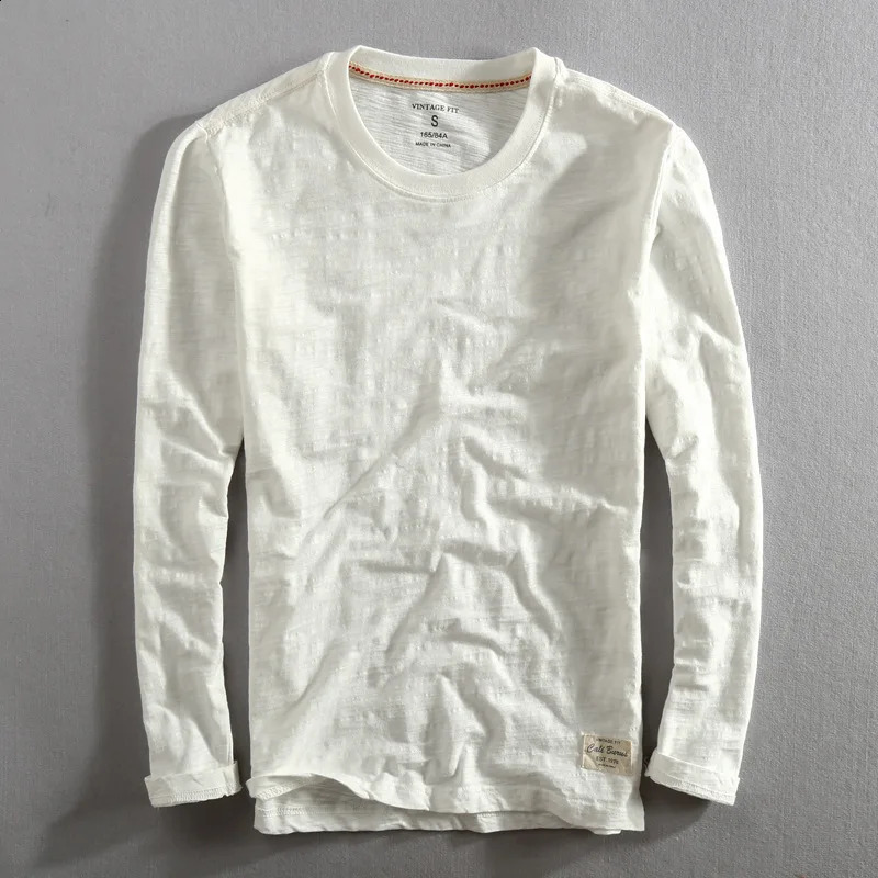 Mens Vintage Solid Bamboo Cotton Long Sleeve T-Shirt Male Tops O-Neck Casual Thin Tees Slub T Shirts 240812