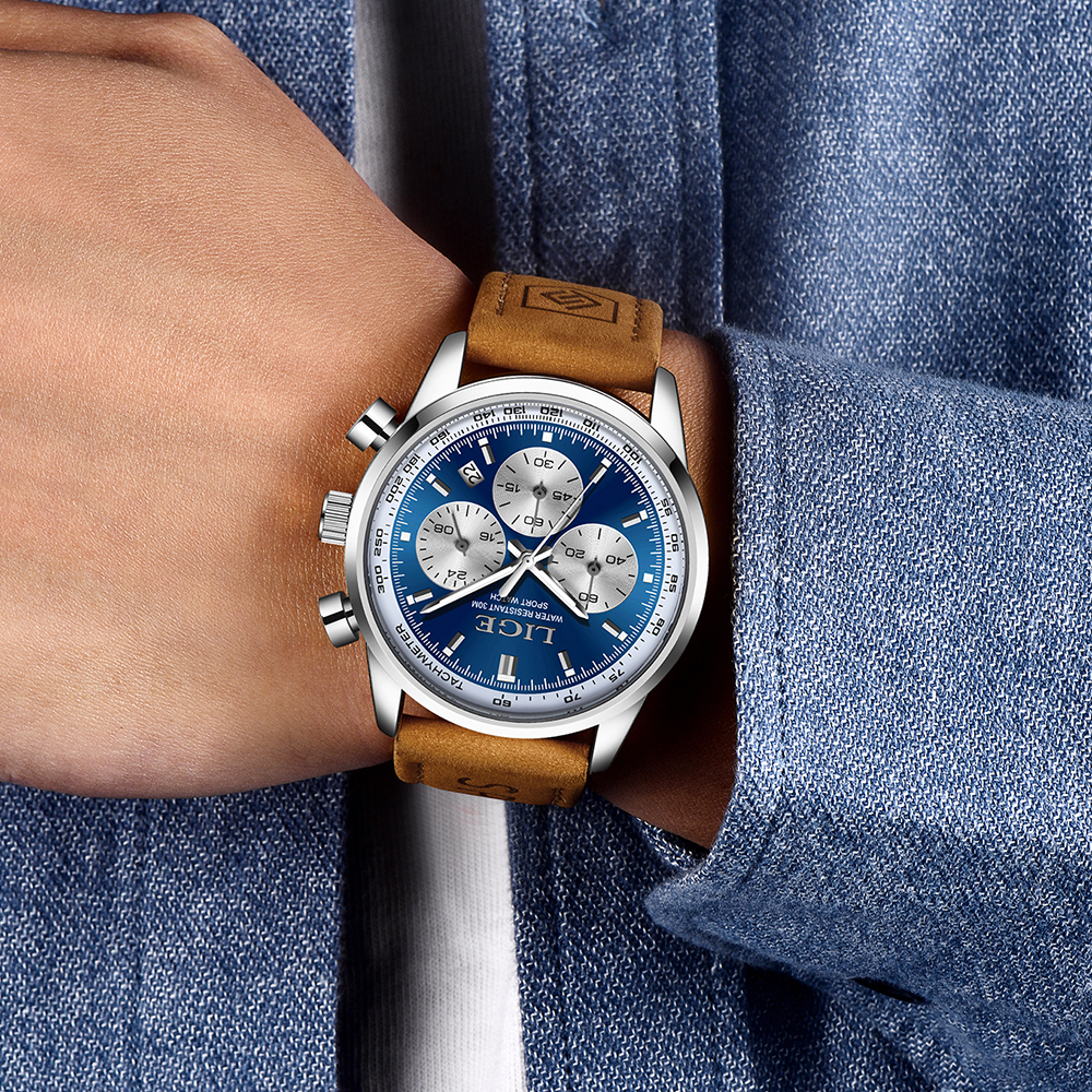 LIGE Luxury Mens Watches High Quality Waterproof Chronograph Luminous Man Wristwatch Leather Men Quartz Watch Casual