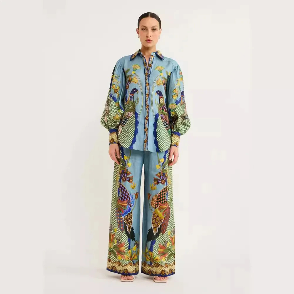 Women Loose Print Pants Suits Bubble Long Sleeve Turn Down Collar Shirts Wide Leg Pant 2 Piece Sets Elegant Ladies Streetwear 240724