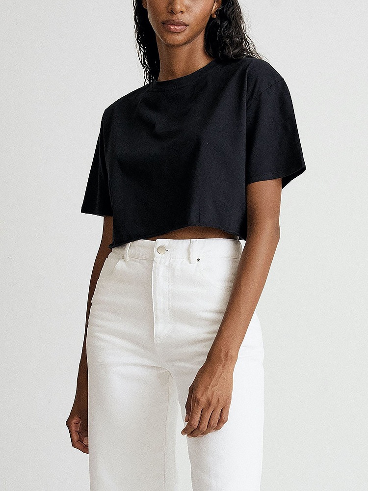 Short Sleeve T-Shirt Women's Summer New Cotton Solid Color Short Exposed Neck Round Neck Sports Style T-Shirt Tops