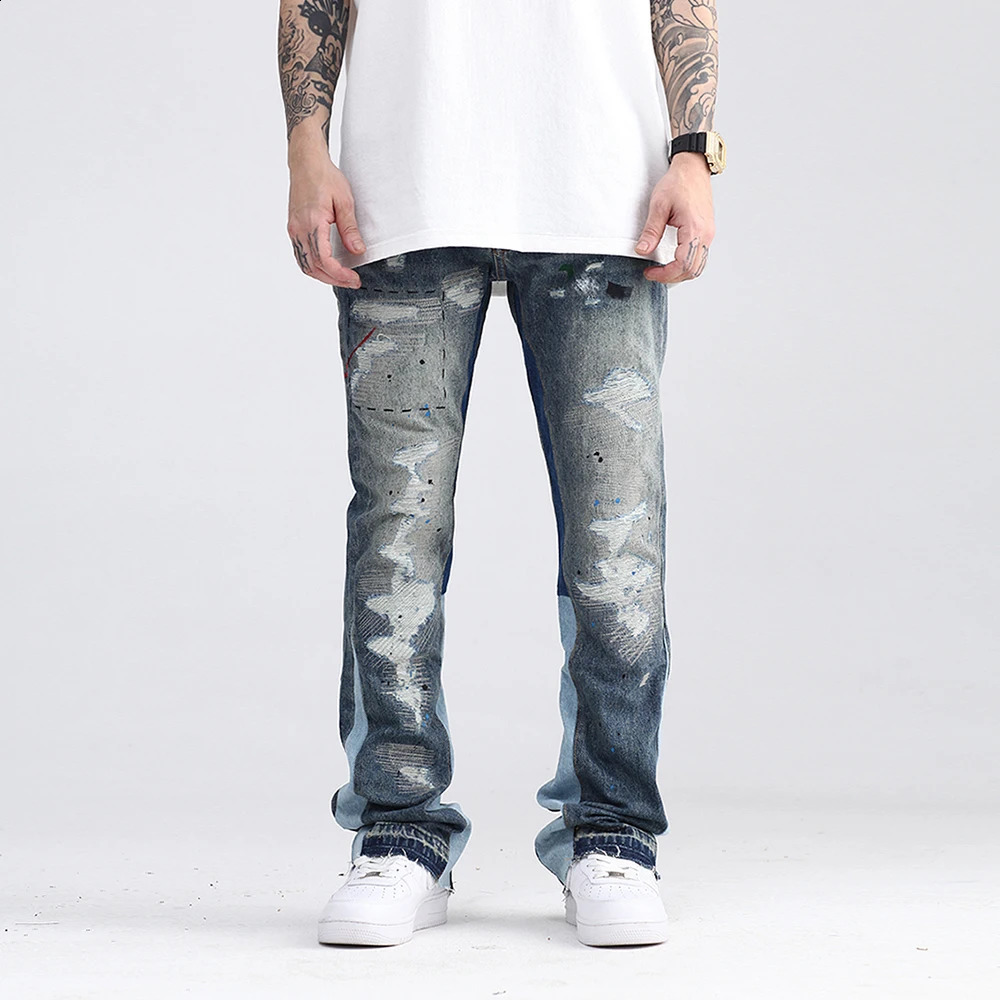 Blue Speckle ink Washed Destroyed Flared Jean Pants Hip Hop Graffiti Ripped Denim Jeans for Men Streetwear Vintage Wide Jeans 240724