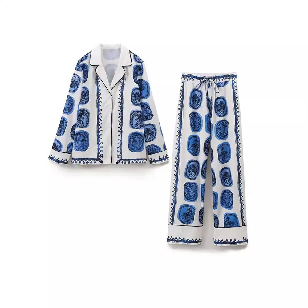 Vintage Blue Print Shirt Pants Suits For Women Casual Lapel Buttons Tops Wide Leg Pants Sets 2024 Pajama Style Streetwear 240724