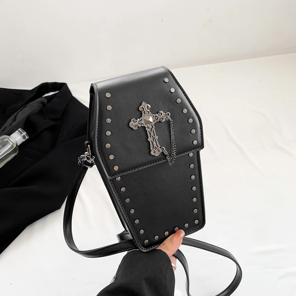 Womens Coffin Backpack Wallet Zipper Gothic Cross Bag with Adjustable Y2K Phone PU Leather Halloween 240827