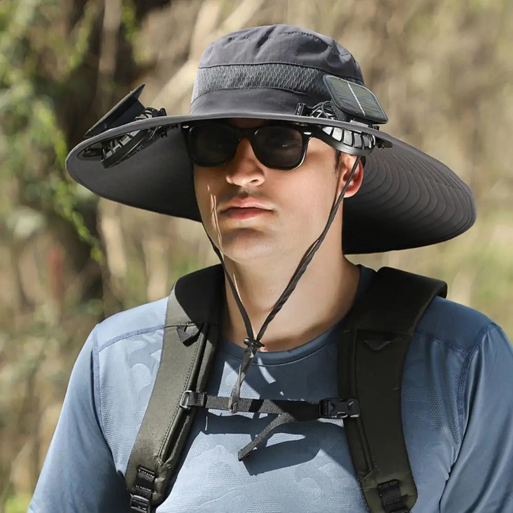 Solar Fan Fisherman Hat Outdoor Big Brim Sunscreen Quick Drying Fishing Hat Mens Charging Big Wind Hat with Fan 240710