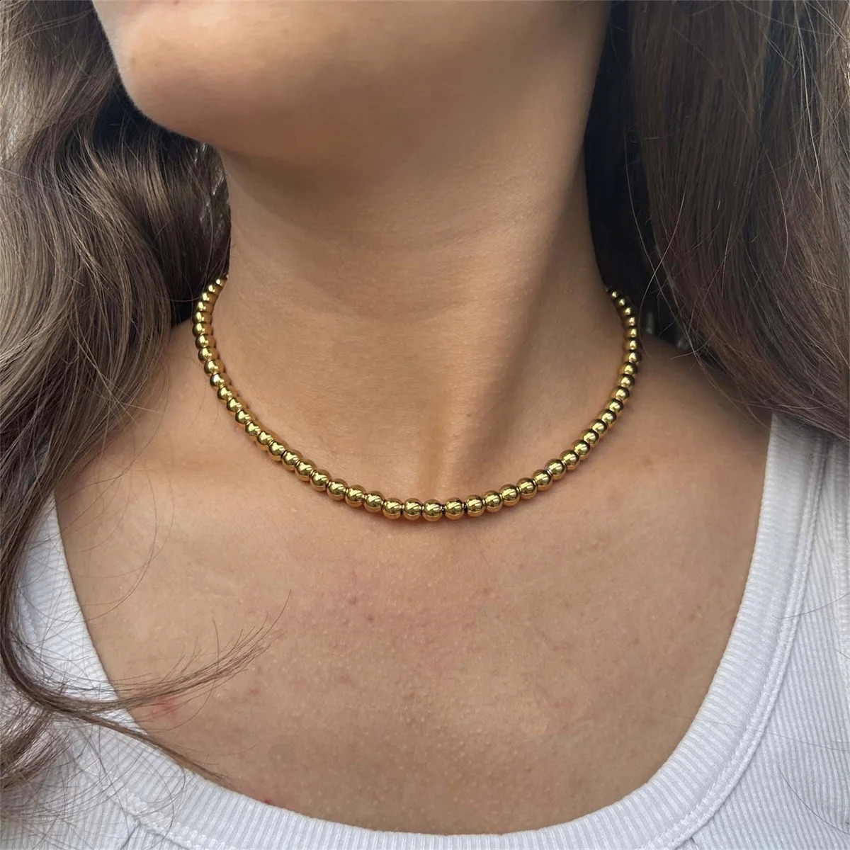 MisenBaBa Gold Color Stainless Steel Handmade Threaded Bead Necklaces For Women Men DIY Beads Choker Necklace Trendy Jewelry 240715