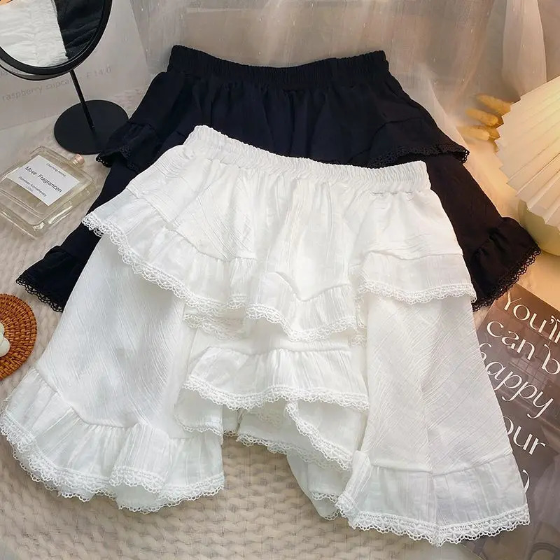 Elastic Waist White Black Irregular Mini Kawaii Skirt Japanese Style School Y2k Aesthetic Ruffles Short Skirt Women Streetwear 240805