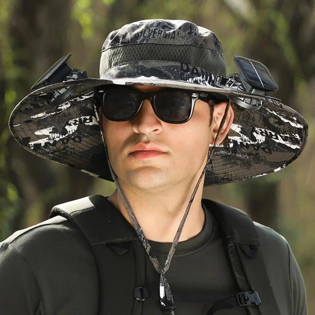 Solar Fan Fisherman Hat Outdoor Big Brim Sunscreen Quick Drying Fishing Hat Mens Charging Big Wind Hat with Fan 240710