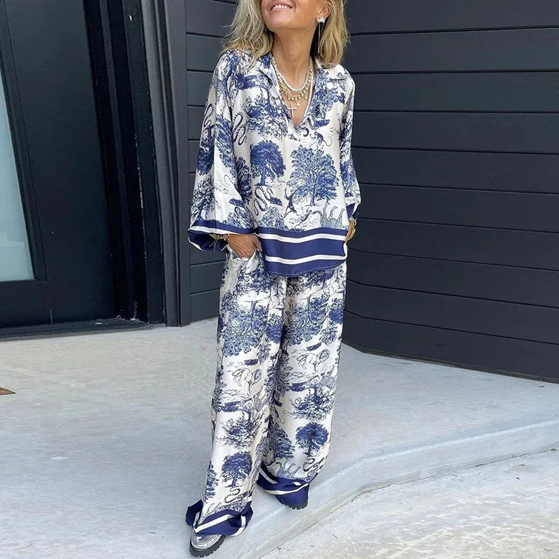 2024 Vintage Suit Sexy V Neck T-shirt Long Pants Outfits Summer Short Sleeve Loose Flare Sleeve Printed Ethnic Style Suit 240724