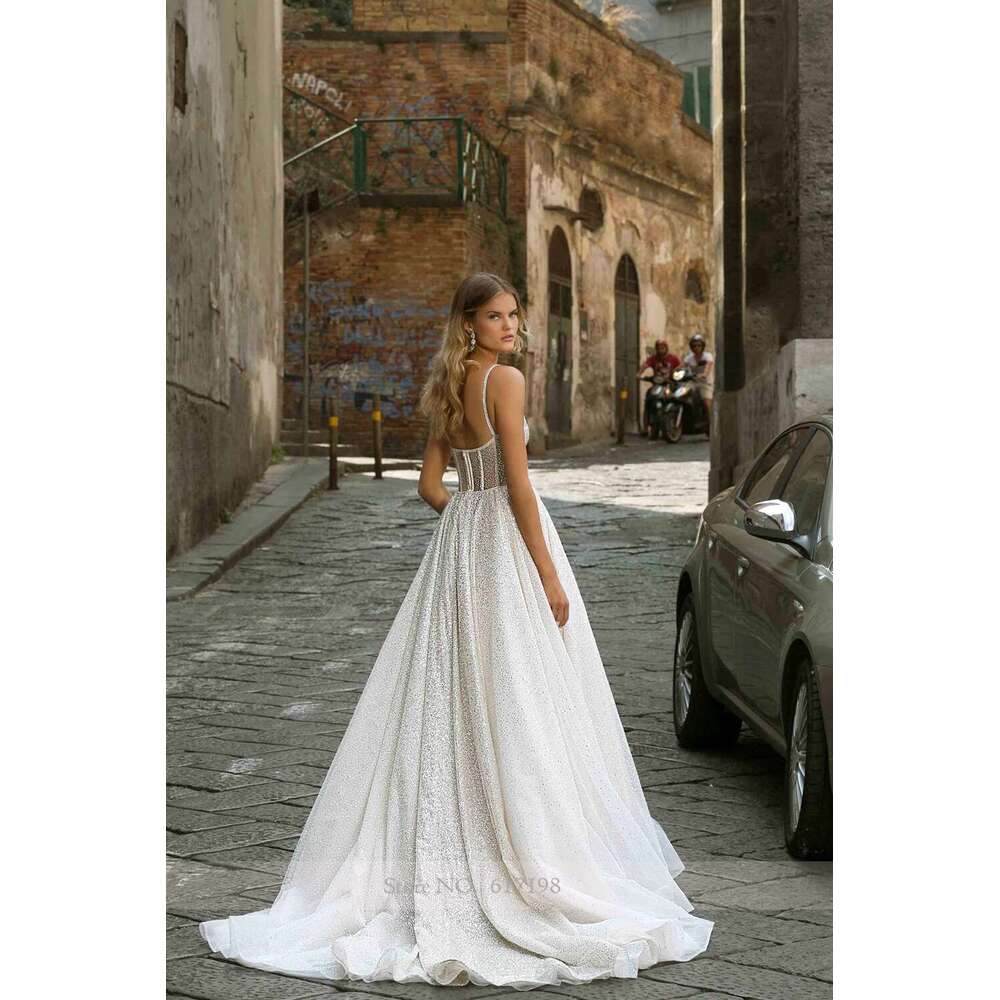 Captivating Sparkly Sequins Pleated Dress for Women Spaghetti Straps A-e Court Wedding Party Gown vestido novias boda