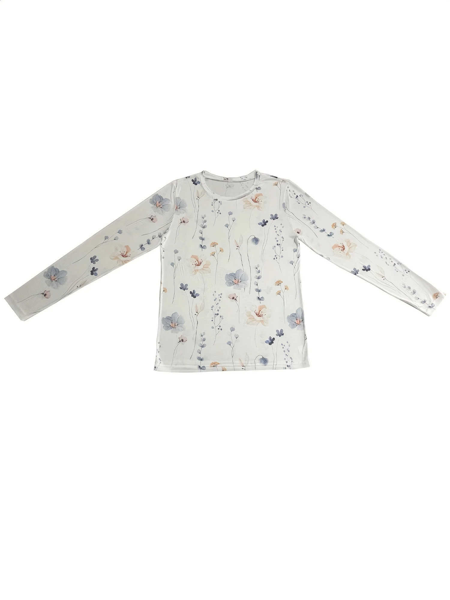 Floral Print Crew Neck T-Shirt Casual Long Sleeve Top For Spring Fall Womens Clothing 240806
