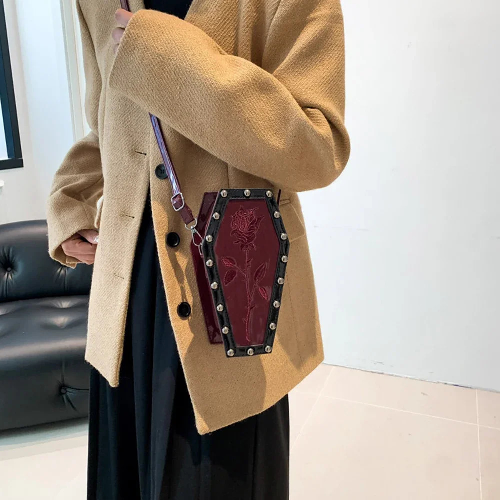 Novelty Halloween Coffin Shaped Satchel 3D Cartoon PU Rose Spider Crossbody Bag Y2K Cellphone Bag Gothic Trend Sling Purses 240725