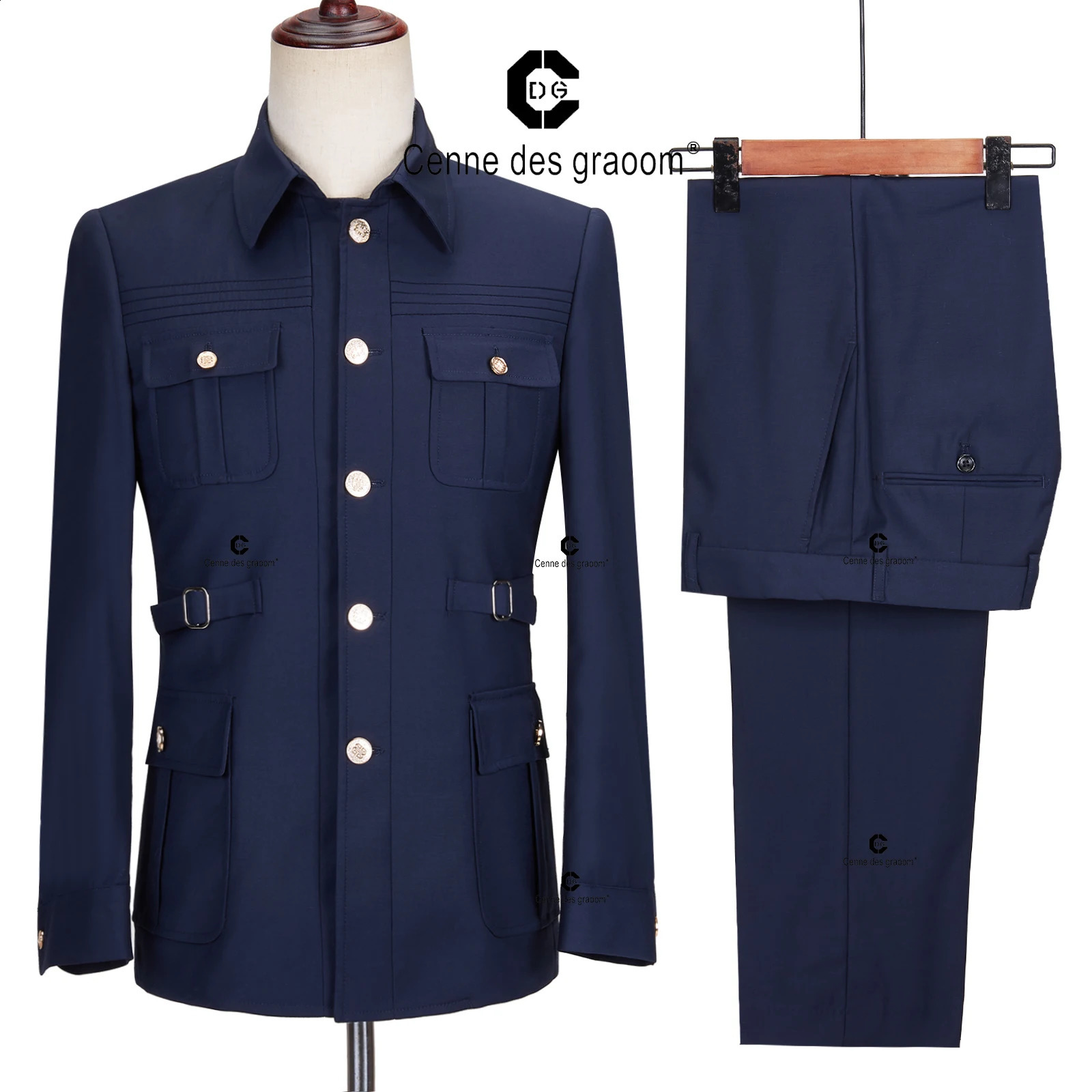 Cenne Des Graoom Safari Men Suits Gold Button Square Collar TailorMade Formal Casual Business Official Wear Costume Homme Blue 240724