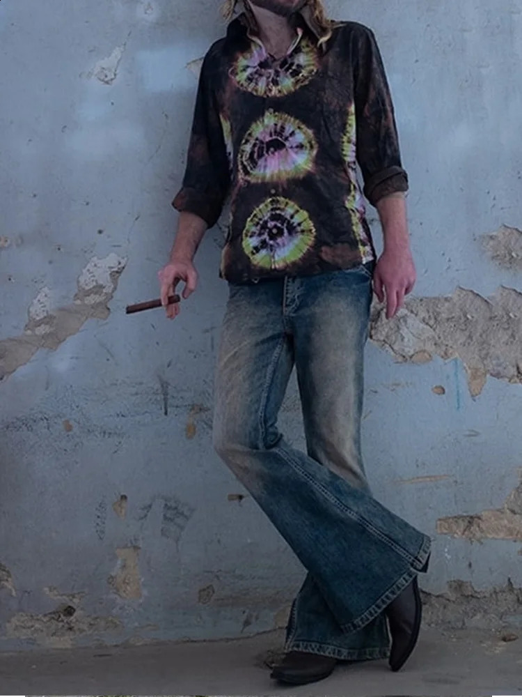 Punk Stlye Men Flared Baggy Jeans Bootcut Leg Distressed Patchwork Denim Pants Bell Bottom Trousers Fall Winter 240725