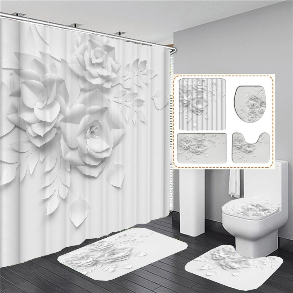 Elegant Bouquet of Fantastic White Flowers 3D Style Shower Curtain Bathroom Curtain with Bath Rug Carpet Set Floral Home Decor 240723
