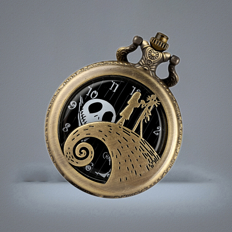 Vine Antique Watch Hollow Case the Nightmare Before Christmas Unisex Quartz Analog Pocket Watches Skull Accessory Necklace Chai