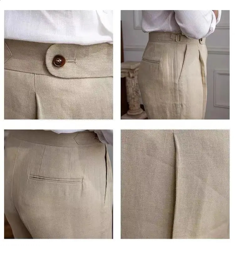 100% Linen Italian Naples Pants Men High Waist Straight Suit Trousers Spring Summer Fashion Lightweight Breathable Casual Pants 240819
