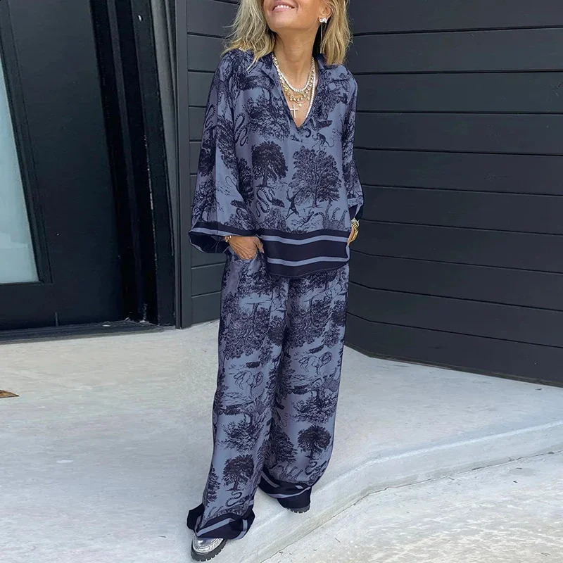 2024 Vintage Suit Sexy V Neck T-shirt Long Pants Outfits Summer Short Sleeve Loose Flare Sleeve Printed Ethnic Style Suit 240724